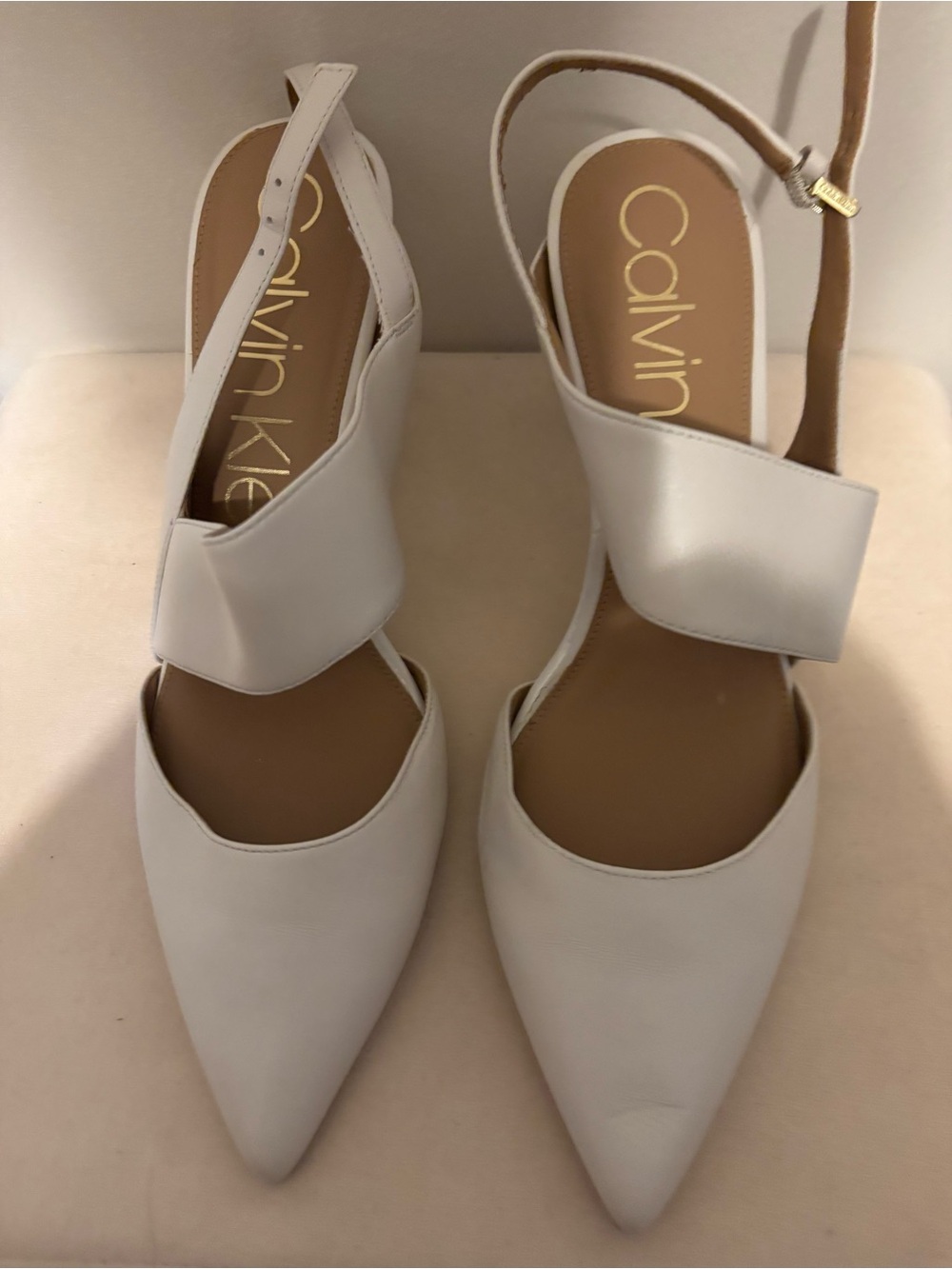 Calvin Klein White Pointed-Toe Slingback Heels with Asymmetric Strap